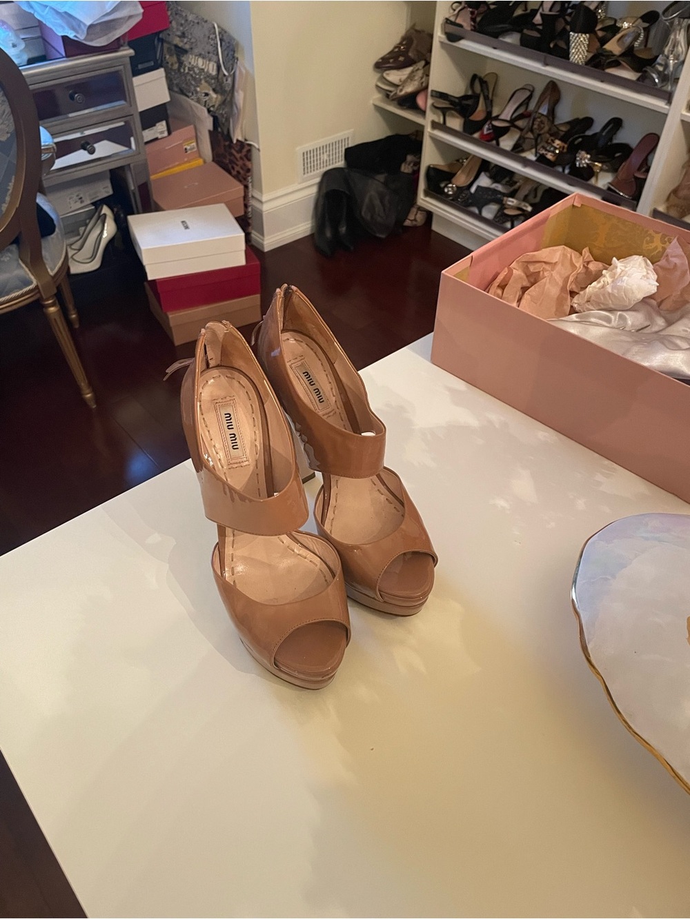 Miu Miu Tan Leather Peep-Toe Platform Heels with Ankle Strap